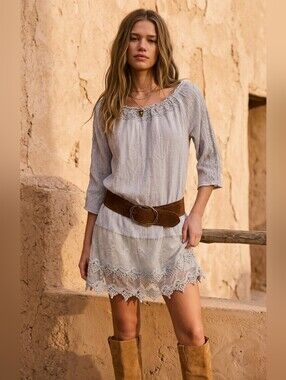 Young Threads NYC Boho Lace Mesh Mini Dress Grey M